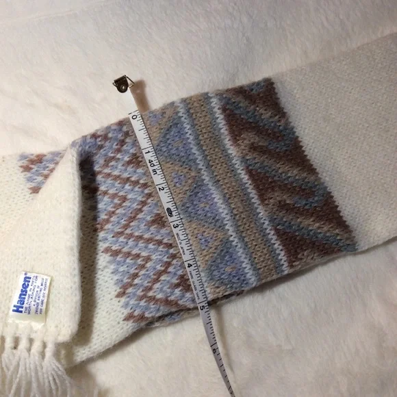 Vintage Hansen Knit Nordic Patterned Scarf Ivory Tan Gray Green - Picture 3 of 7